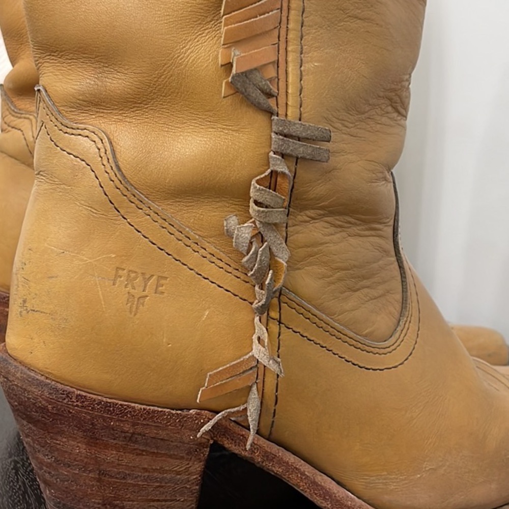 Frye Tan Leather Fringe Western Heeled Boots - Picture 9 of 10